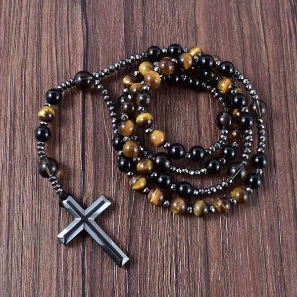 80 CM Cross Stone Bead Biker Rosary Necklace