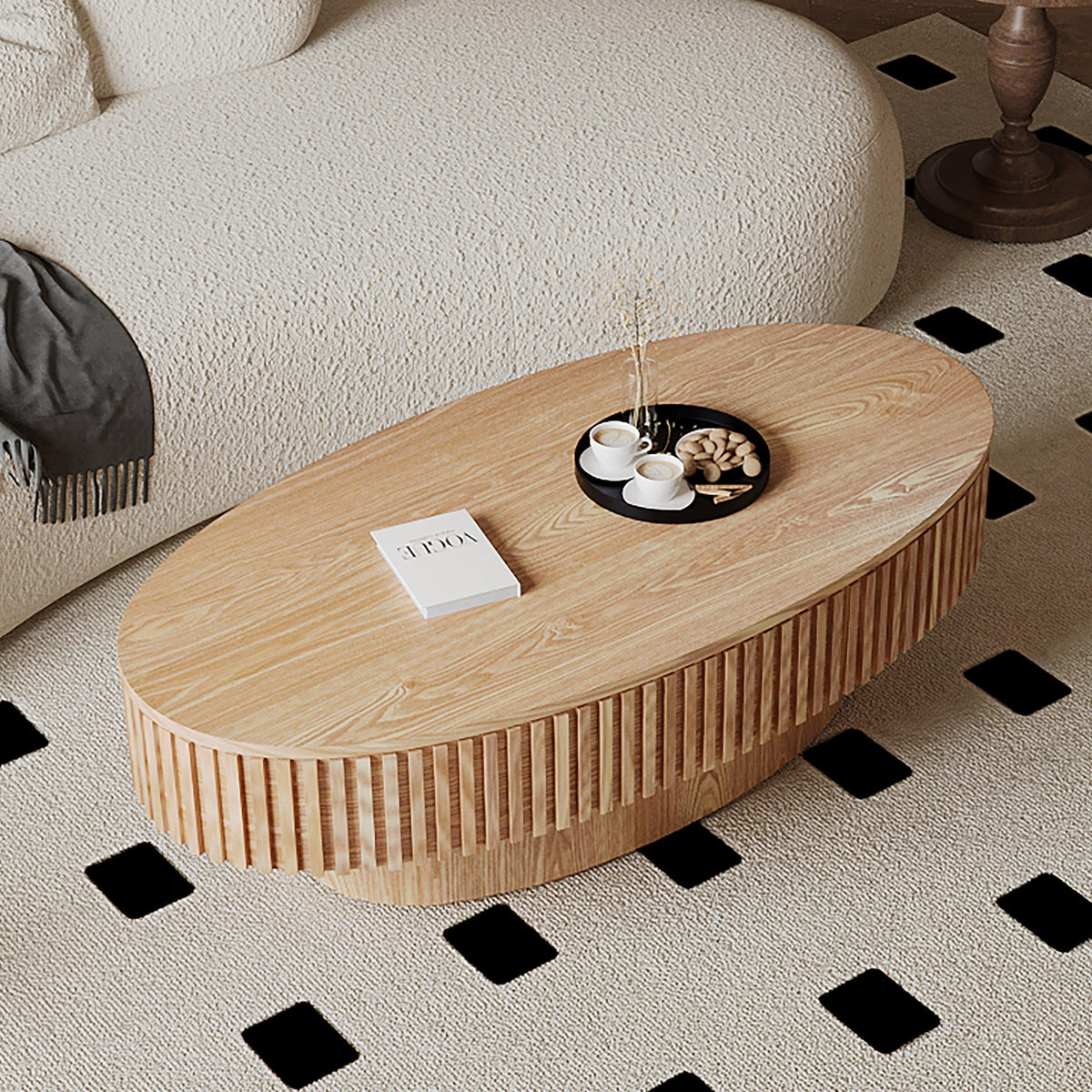 Modern Natural Wood Oval Coffee Table with Hidden Storage