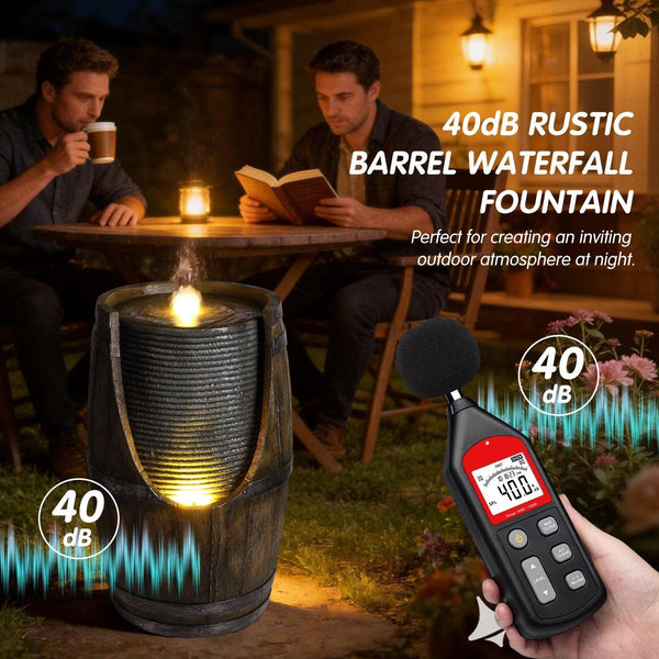 Resin Rustic Barrel Outdoor Water Fountain 24 Inch LED