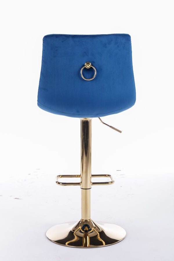 Set of 2 Bar Stools — Chrome Footrest, Swivel Height-Adjustable Velvet Seat, Golden Legs