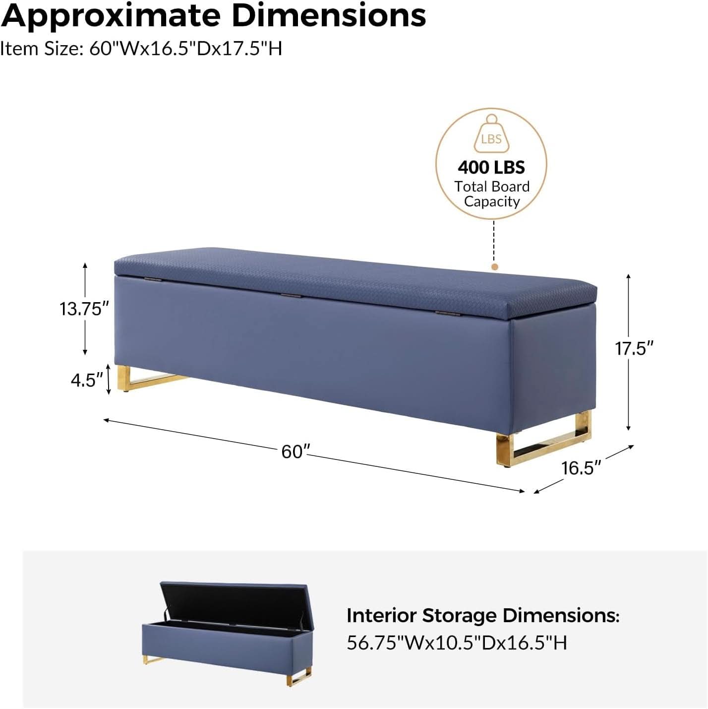 Navy Upholstered Storage Ottoman Bench With Hideaway