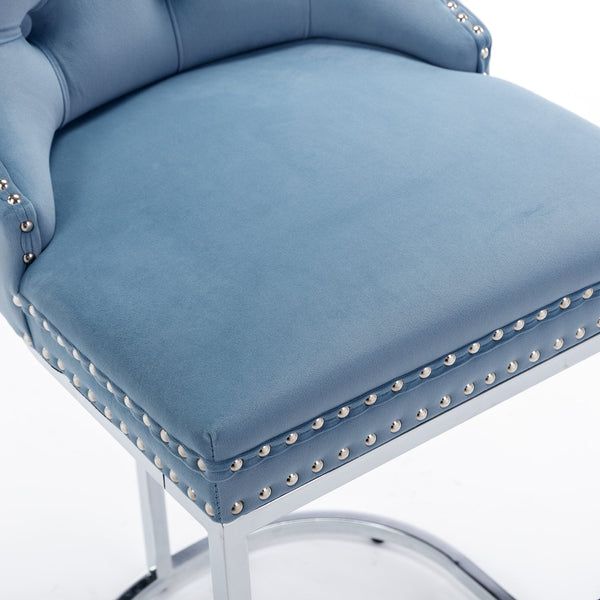 Set of 2 Light Blue Velvet Wing‑Back Bar Stool Set