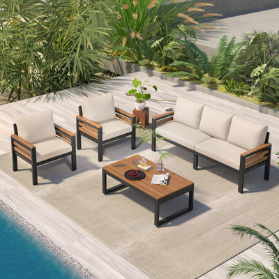 4-Piece Outdoor Furniture Sofa Set for 5 People with Acacia Wood Armrests