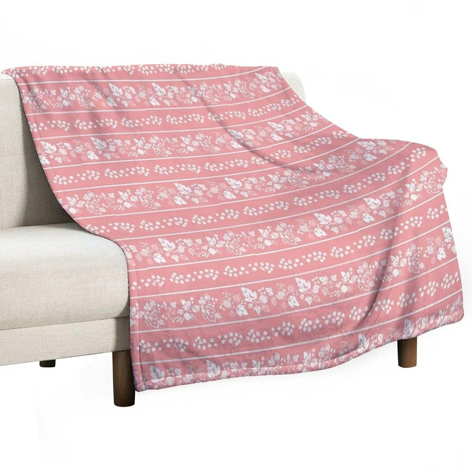 Midcentury Pink Gooseberry Berries And Leaves Vintage Dishes Throw Blanket