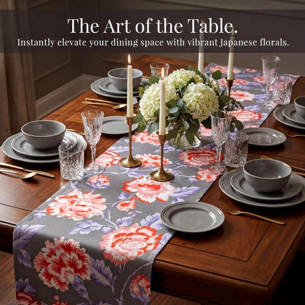 Gray Red Floral Table Runner – Printed