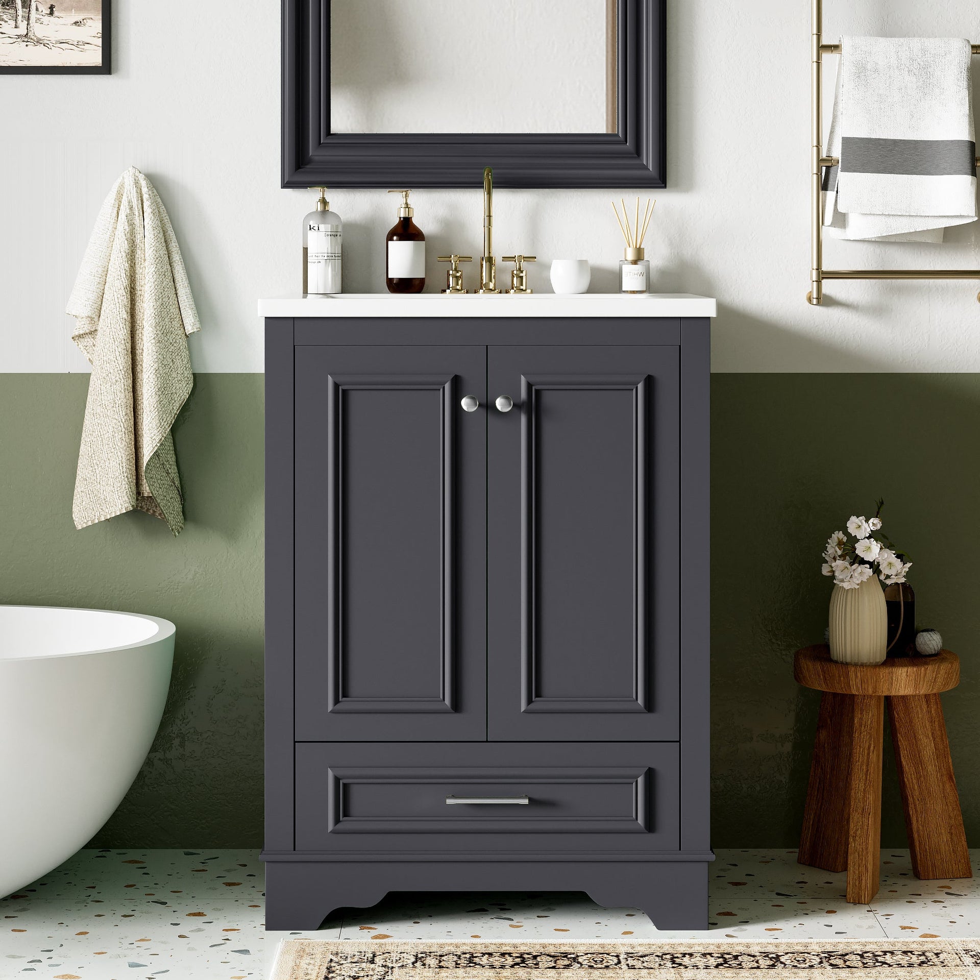 Bathroom Vanity with Ceramic Sink and Modern Freestanding Storage Cabinet, Soft-Close Doors