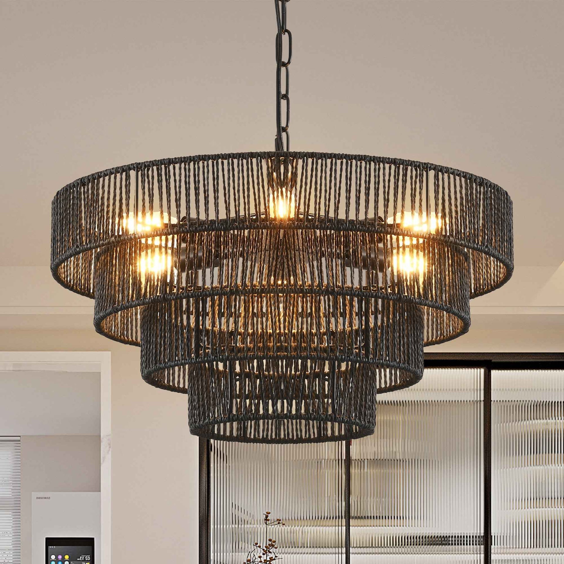 Rustic 4-Tier Black Hemp Rope Chandelier with 6 E12 Sockets, UL Listed