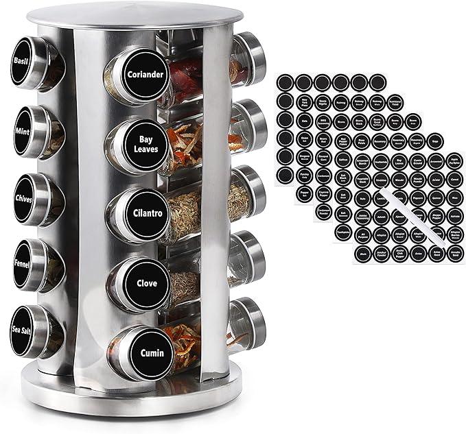 DOUBLE 2 C Revolving Spice Rack with 20 Jars, Rotating Spice Rack Organizer, Seasoning Organizer with Labels, Stainless Steel Spice Carousel for Kitchen Countertop, Cabinet