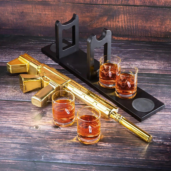 AR15 Gold Whiskey Decanter Set with 4 Bullet Whiskey Glasses - The Wine Savant, Gift for Fathers, Uncles, Sons - Veteran Gifts, Military Gift, Home Bar Gift, Father's Day