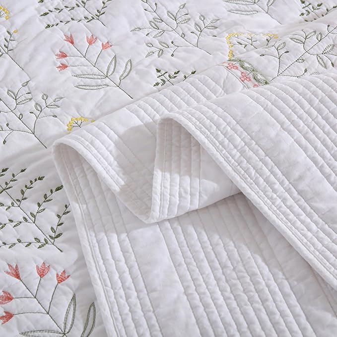 MarCielo 3-Piece 100% Cotton Oversized Bedspread Lightweight Quilt Coverlet Embroidery Farmhouse Bedding Set(TL Floral White,Oversized King (118