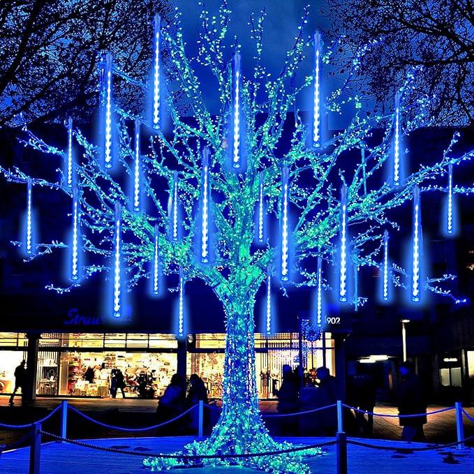 EXF 2-Pack Christmas Decorations Light Outdoor, Meteor Shower Lights 16 Tubes 384 LEDs Indoor Outdoor Rain Drop String Lights for Xmas Tree Roof (Blue)