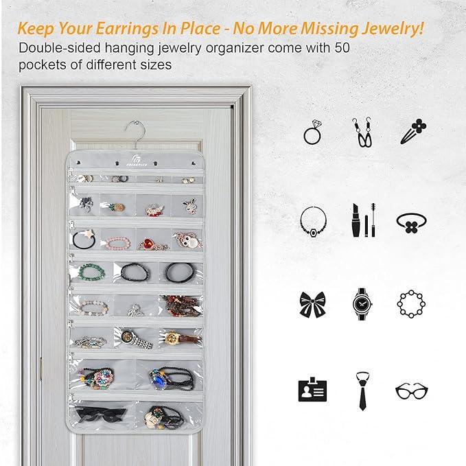 Freegrace Hanging Jewelry Organizer Revolving Hanger - Secure Zipper Closure - 50 Pockets - Foldable Storage & Display Solution - For All Jewelry & Bijoux (Gray)