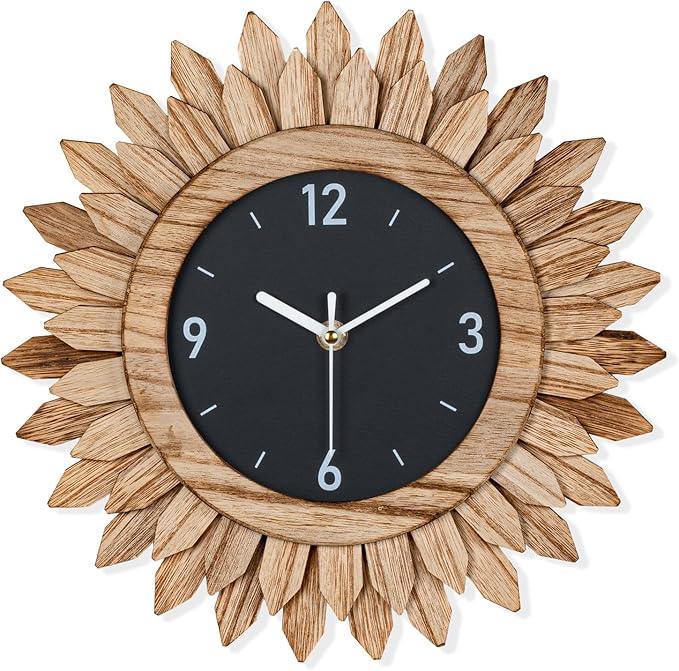Honiway Wall Clock Battery Operated 12 in Rustic Wood Boho Sunburst Decorative Wall Clock Silent Non Ticking Farmhouse Small Wall Clocks for Living Room Kitchen Bathroom Bedroom Decor (Rustic Brown)