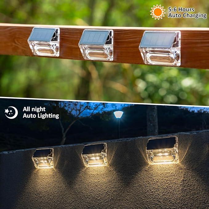 Solar Outdoor Lights, 8 Pack Solar Fence Deck Lights, Waterproof Outside Lighting for Step Railing Wall Pool Stair Yard Garden Patio Pool Decorations (Warm White)