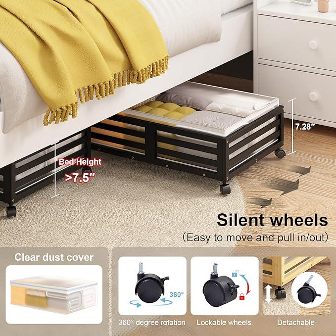 Under Bed Storage with Wheels-Large Bamboo Underbed storage Containers with Large Dust Bag Stackable Under the Bed Shoe Storage Bins for Clothes Books Bedding (2 Packs Black, 23.62