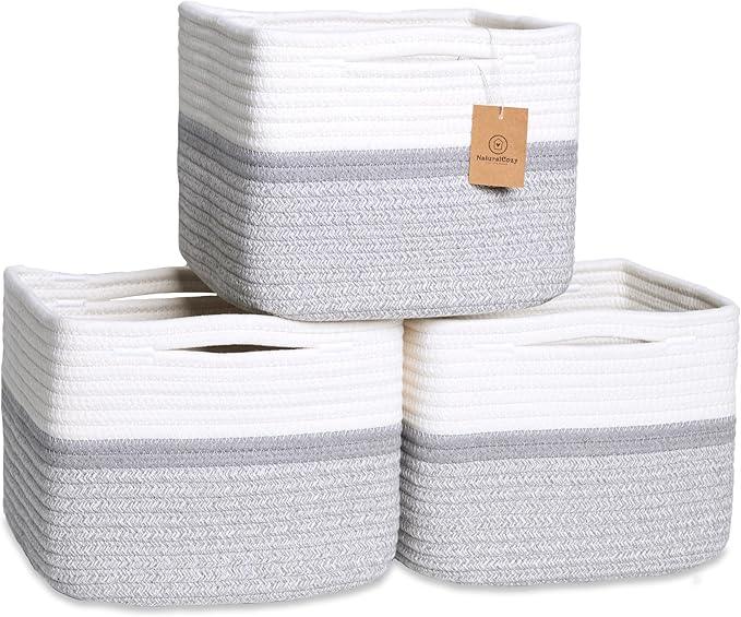 NaturalCozy Storage Cubes 9”x9”x7”Cotton Rope Woven Baskets for Organizing 3-Pack | 9 Inch Cube Storage Bin | Small Basket for Shelf Nursery, Pantry, Decorative Plant, Bathroom Closet, Toy Gift