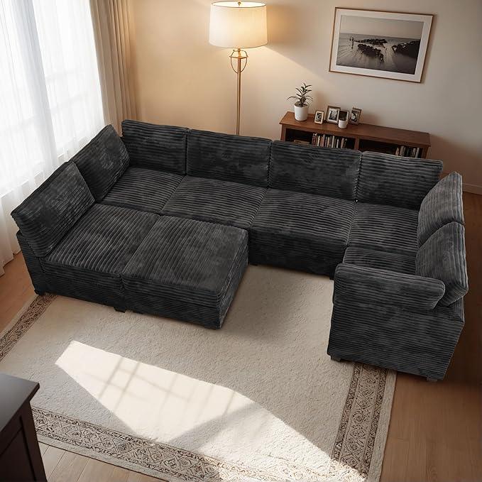 HOOOWOOO Modular Sectional Sofa,7 Pieces Sectional Couches for Living Room,131X66 U Shaped Cloud Couch with Ottoman Chaise Set(Black Velvet Corduroy)