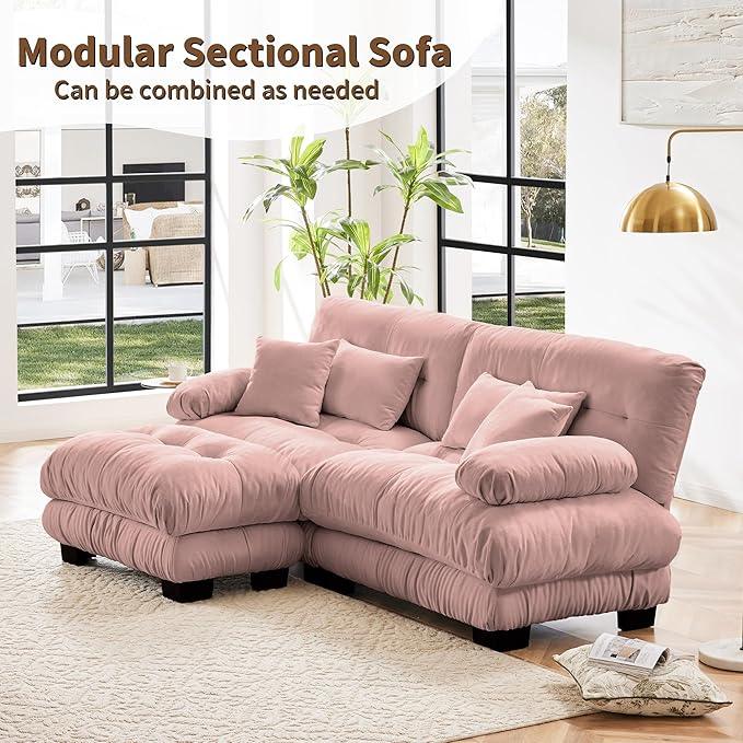 Loveseat Modular Sectional Sofa, L Shaped Couch with Ottoman, Cloud Couch Sectional Couch Home Sofa Living Room Oversized Couch Deep Seat Couch with Round Bolster Armrests 4 Pillows(Pink)