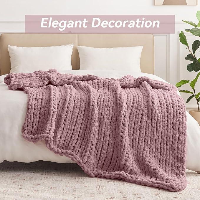 Chunky Knit Throw Blanket, 40''*50'' Knitted Throw Chenille Yarn for Bed Couch, Handmade Muted Pink Crochet Big Thick Blanket, Machine Washable Cute Comfy Blanket for Home Decor