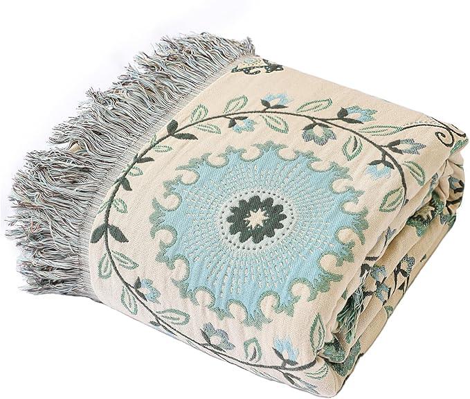 Snycler Boho Throw Blanket for Bed - 100% Cotton Ultra Soft Rustic Quilt - Blue Boho Floral Printed Farmhouse Decor Bed Blankets, 80