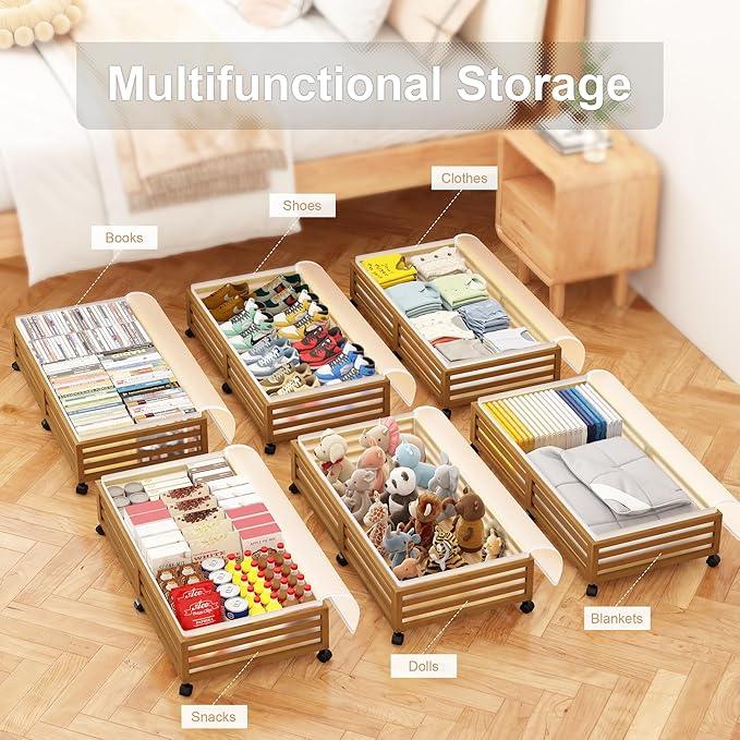 Under Bed Storage Containers With Wheels - 2 Pcs Large Bamboo Wood Rolling Underbed Shoe Storage Bins With Dust Bags for Clothes Blankets, Duvet Covers Snacks Toys (Walnut)