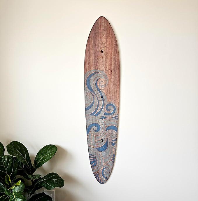 Wooden Surfboard Wall Decor Growth Chart - Surf Board Wall Decor for Kids Room, Wooden Growth Chart for Wall, Surfboard Wall Art, Surfboards for Decoration - Blue Wave (9.5