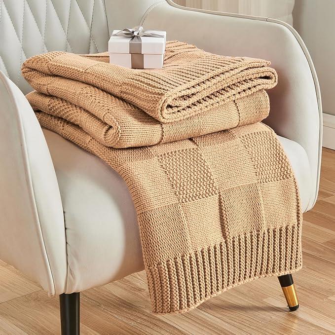 CozeCube Check Knit Throw Blanket, Beige Checkered Throw for Couch, Decorative Christmas Soft Cozy Warm Knitted Blanket for Bed Sofa Living Room, 60