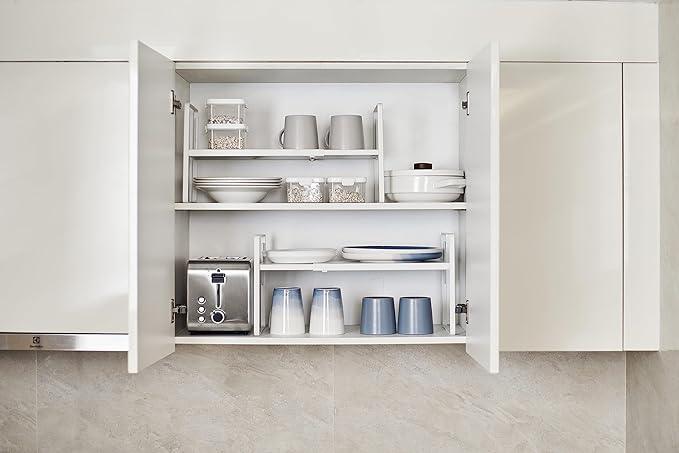 Nxconsu Cabinet Shelf Expandable Height Adjustable Organizer Riser for Kitchen Cabinet Pantry Cupboard Under Sink Countertop Organization Storage Space Saver Stackable Heavy Duty Metal White
