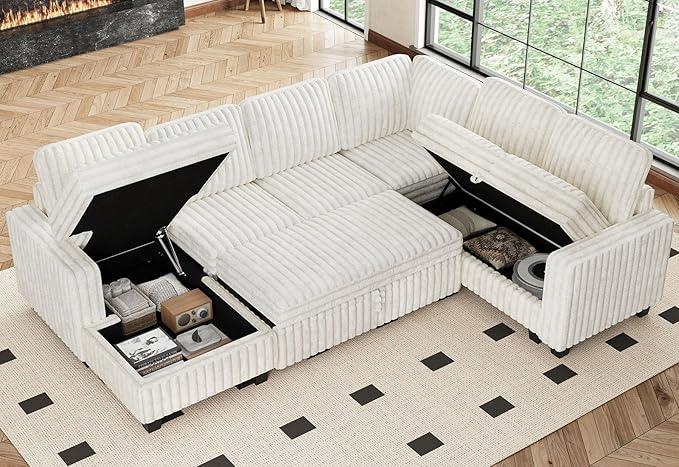 Belffin Corduroy Sleeper Sofa Bed with Storage Chaise Modular Sectional Sofa Couch with Pull Out Bed L Shaped Sectional Couches for Living Room White Couch