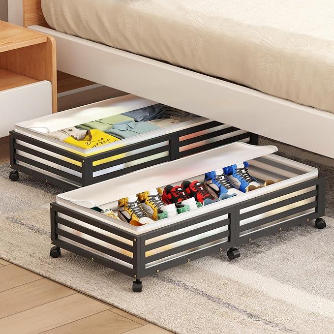 Under Bed Storage Containers With Wheels - 2 Pcs Large Bamboo Wood Rolling Underbed Shoe Storage Bins With Dust Bags for Clothes Blankets, Duvet Covers Snacks Toys (Black)