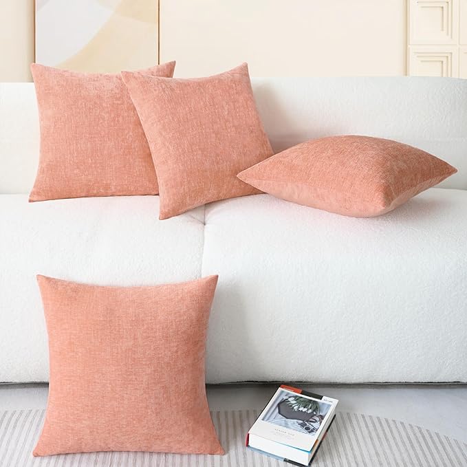 CaliTime Throw Pillow Covers Decorative 18 X 18 Inches Pack of 4 Cozy Chenille Cushion Cases for Couch Sofa Bed Living Room Home Dusty Pink