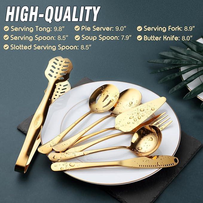 Gold Serving Utensils, OGORI 15-Piece Stainless Steel Gold Serving Utensils Set Include Serving Spoons, Slotted Serving Spoons, Serving Tongs, Serving Forks, Butter Knife, Soup Ladle, Pie Server