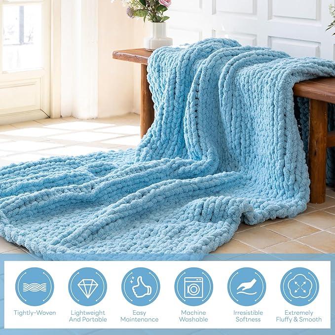 Chunky Knit Blanket - Luxury Soft Cozy 40 * 50 Throw Blanket,100% Woven Blanket Rope Knot Throw Blanket for Couch, Sofa, Home Decor, Gift - Machine Washable（Light Blue）