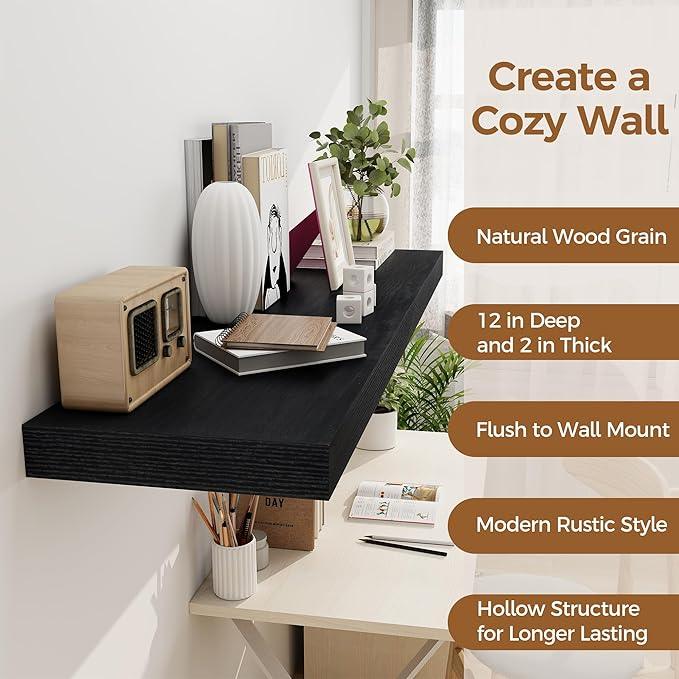 Black Floating Shelves 48 Inch Long, 12 Inch Deep Floating Shelves for Wall, 48 x 12 Large Wall Shelves for Home Storage & Display, 2