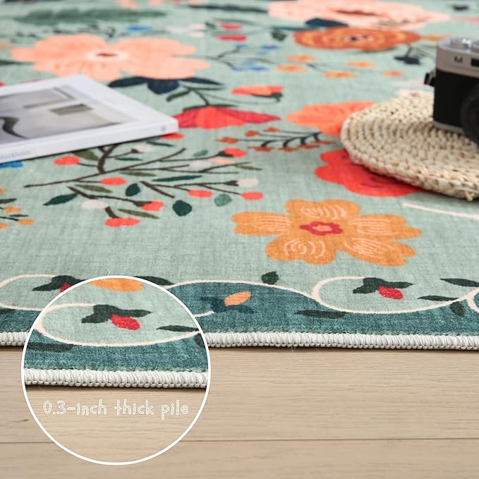Door Mat Indoor Entrance 2x3 Rug Machine Washable Boho Floral Small Area Rug Non-Slip Low Pile Throw Rugs for Entryway, Kitchen, Front Door Indoor Entrance, Entry, Kids Room (Green)