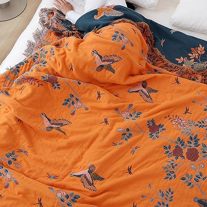 Snycler Boho Throw Blanket for Bed, 100% Organic Cotton Muslin Soft Throw-Floral Bird Farmhouse Rustic Spring Summer Fall Decor Blanket for Couch Sofa Quilt and Gift, 80
