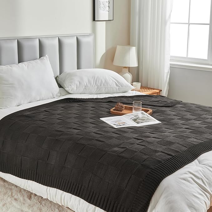 CozeCube Check Knit Throw Blanket, Jet Black Checkered Throw for Couch, Decorative Christmas Soft Cozy Warm Knitted Blanket for Bed Sofa Living Room, 60