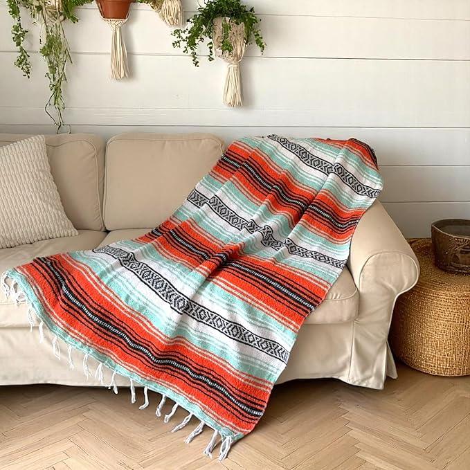 Traditional Handwoven Mexican Blanket, Large Falsa Serape - Soft & Durable - Vibrant Beach, Picnic, Yoga & Camping Mat - Lightweight Boho Throw 70