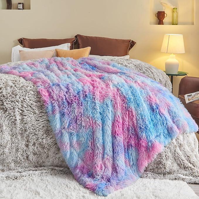 GONAAP Fuzzy Faux Fur Throw Blanket Twin Size Purple Rainbow Super Soft Cozy Plush Fuzzy Shaggy Blanket for Couch Sofa Bed (Purple Rainbow, Twin(60