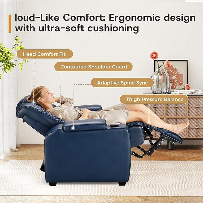 ANJ Power Home Theater Seating, PU Leather Electric Recliner Chair with Powered Headrest, Dual Motors Movie Reclining Chairs with LED Lights,USB Port, Cup Holders, Hidden Arm Storage (Blue & Black)