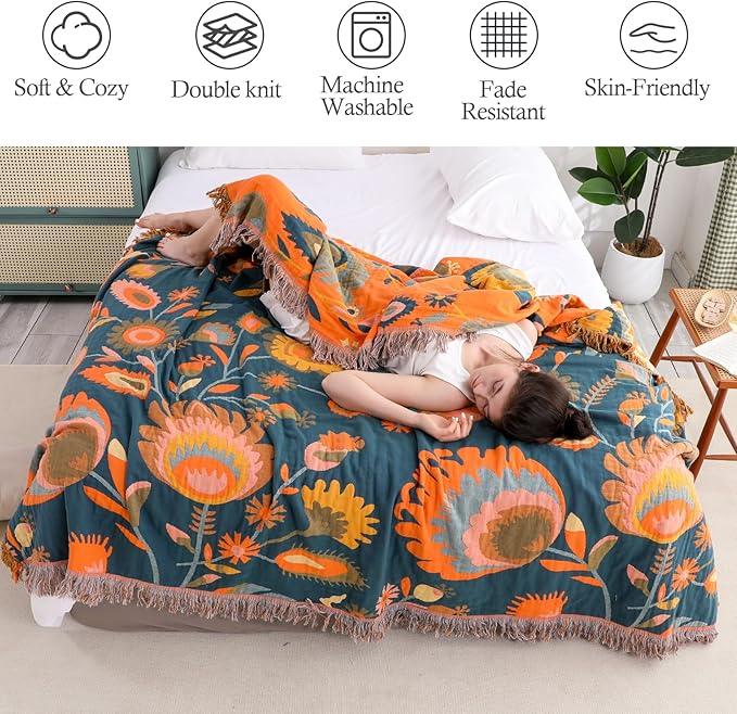 Snycler Boho Throw Blanket for Bed, 100% Organic Cotton Muslin Soft Throw-Orange Boho Floral Farmhouse Rustic Spring Summer Fall Decor Blanket for Couch Sofa Quilt and Gift, 80
