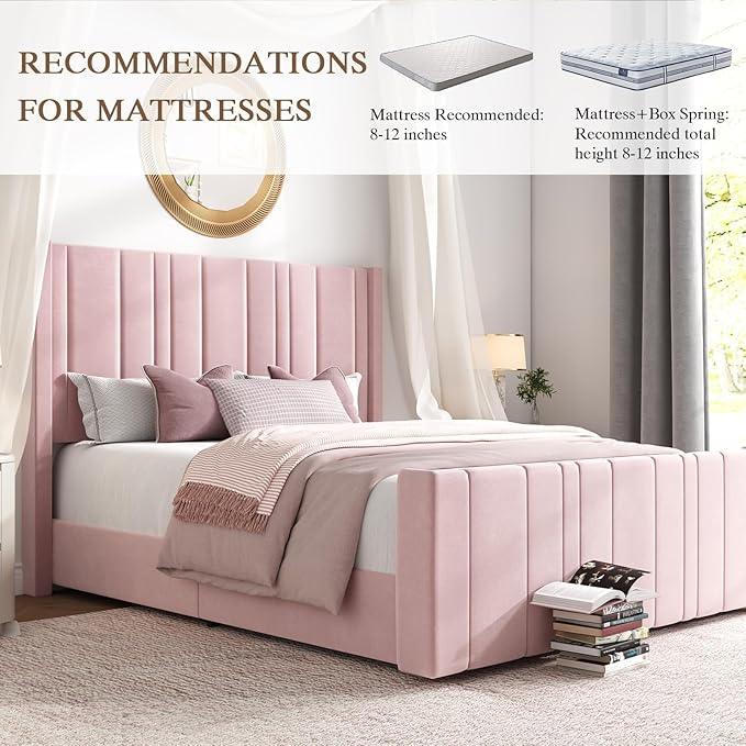 HOMBCK Queen Bed Frame Pink Upholstered Bed with Vertical Channel Tufted Headboard & 22