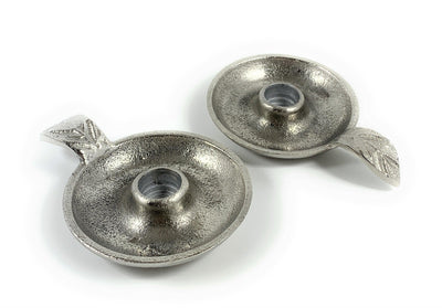 Vibhsa Silver Taper Candlestick Holder Dish | Set of 2, Leaf Handle, Rustic Aluminum