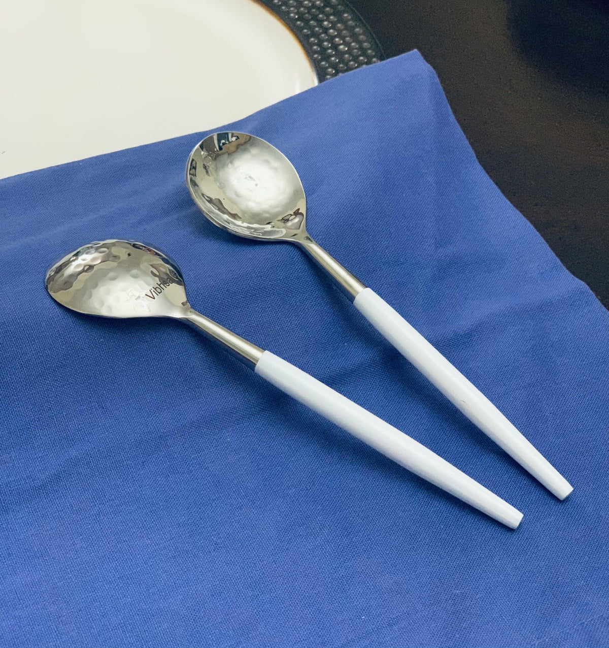 Vibhsa White Hammered Mouth Stainless Steel Soup Spoons | Set of 6