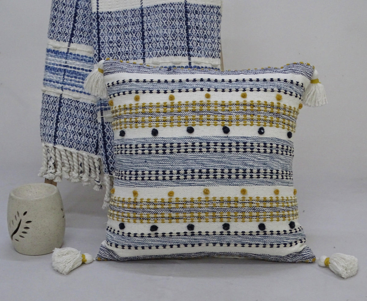Designer Striped Pillow with Mini Poms and Tassels 20