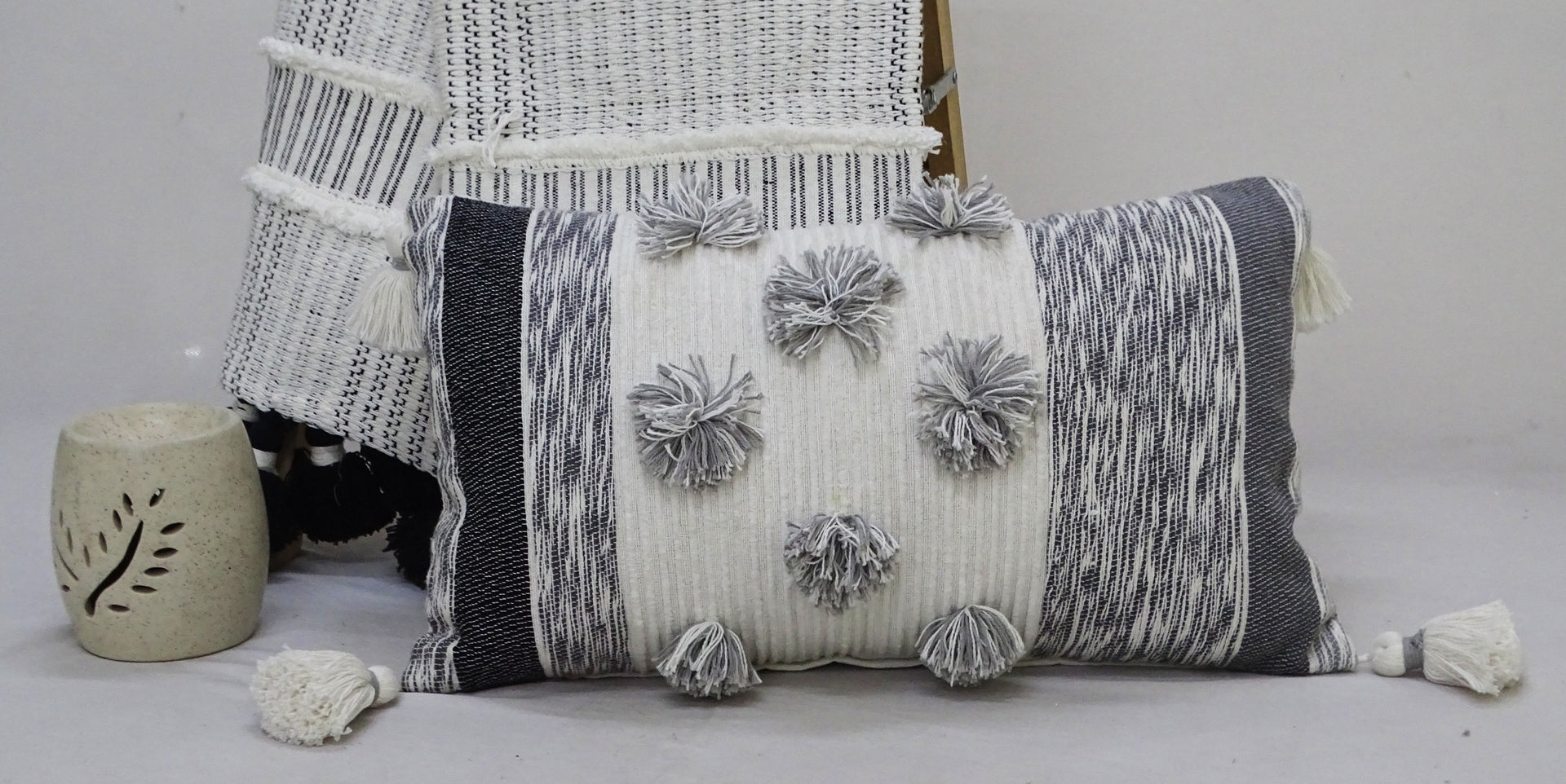 Melange Striped Throw Pillow with Large Poms and Tassels 14