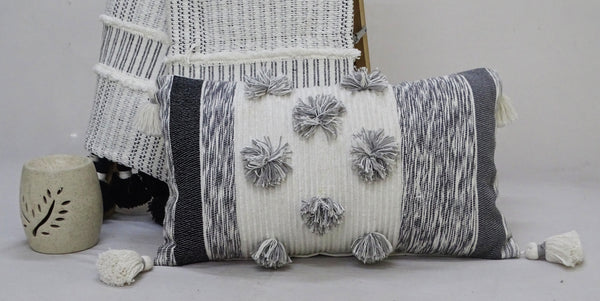 Melange Striped Throw Pillow with Large Poms and Tassels 14