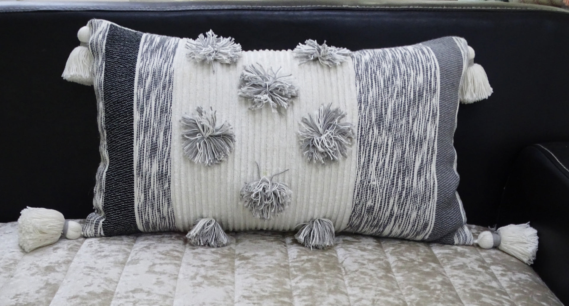 Melange Striped Throw Pillow with Large Poms and Tassels 14