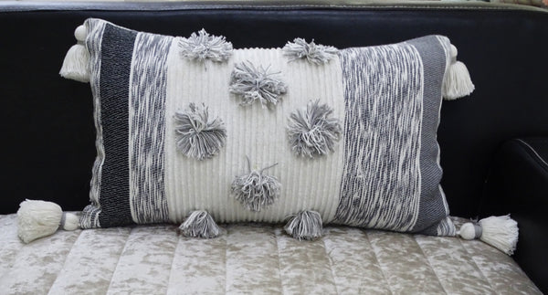 Melange Striped Throw Pillow with Large Poms and Tassels 14