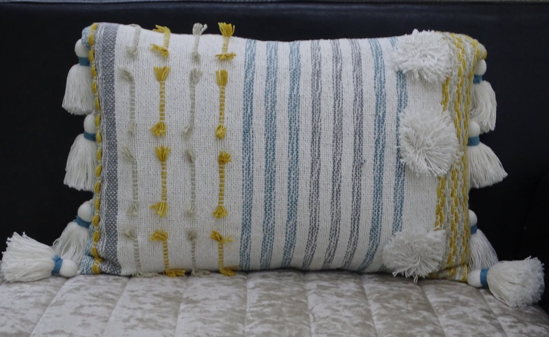 Designer Striped Pillow with Large Poms and Tassels 14